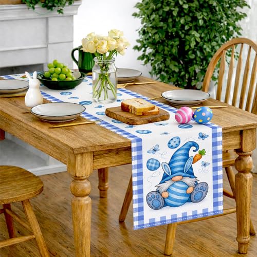 HOMETITUTE Blue Easter Gnome Table Runner Bunny Decor 13x72 Inch Burlap