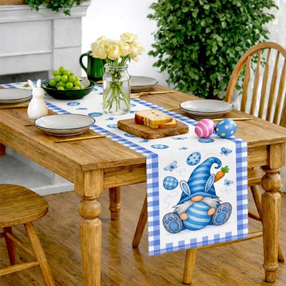 HOMETITUTE Blue Easter Gnome Table Runner Bunny Decor 13x72 Inch Burlap