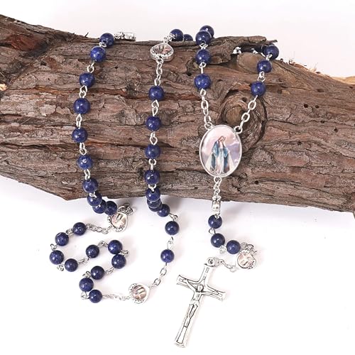 Nazareth Store Natural Stone Beads with Miraculous Epoxy Heart Metal Beads Rosary Necklace Gemstone Christian Gifts - color: Lazuli