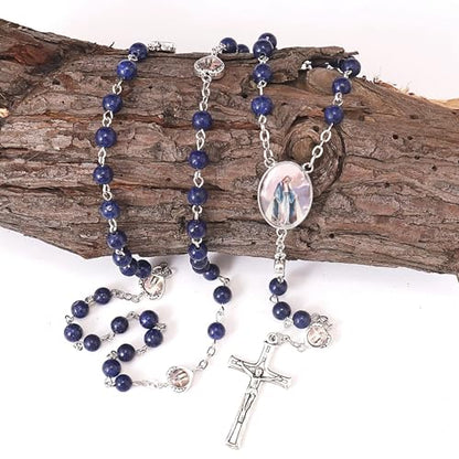 Nazareth Store Natural Stone Beads with Miraculous Epoxy Heart Metal Beads Rosary Necklace Gemstone Christian Gifts - color: Lazuli