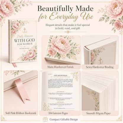 Daily Devotional for Women, 10 Minutes with God 365 Christian Devotions for Prayer, Quiet Time, and Daily Encouragement, Hardcover Gift Book with Pink Ribbon Bookmark
