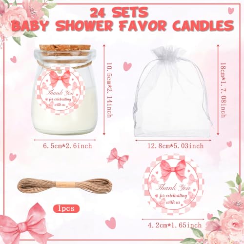 24Pcs Baby Shower Candle Party Favors Lavender Scented Glass Jars Wax Candle Bulk with Thank You Cards Organza Bags for Guests Boy Girl Birthday Gender Reveal Gift Souvenirs (Pink Bow, 24) - style: Pink Bow