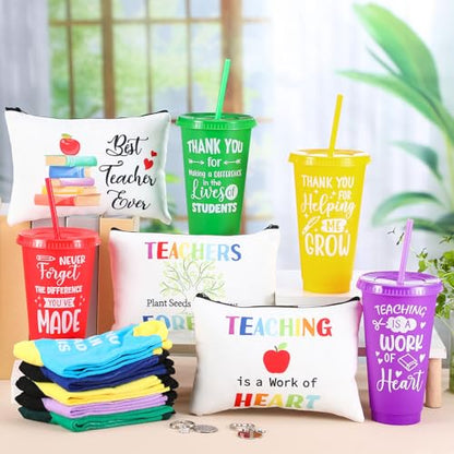 Funnymoom 24 Pcs Teacher Appreciation Gift from Students 2026 End of Year Thank You Gifts Bulk 24 oz Plastic Tumbler Cup Makeup Cosmetic Bag Crew Sock Keychain for Retirement - style: Vibrant