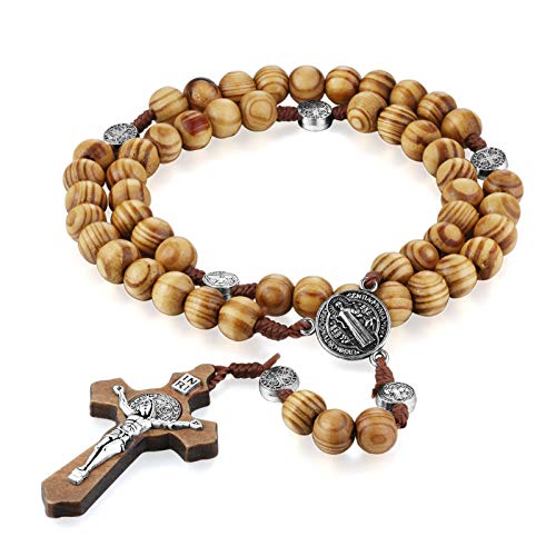 COTTVOTT Wood Rosary Beads Necklace Catholic Saint Benedict Medal Cross Pendant Necklace Prayer Rosary - style: style-1