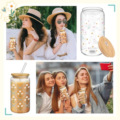 Mumufy 4 Pack Daisy Fresh Glass Cup, 16 oz Tumbler Mug with Bamboo Lid - style: Daisy Fresh