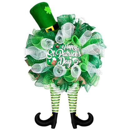 25 Inch St Patrick's Day Wreath for Front Door Green Leprechaun Mesh Wreath with Plush Shamrock Top Hat - color: St Patrick's Day-1