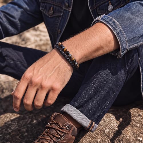 XIANNVXI Mens Tiger's Eye Beads Black Leather Bracelet Gift - color: Yellow, Gray, Black