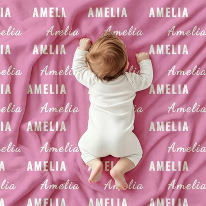 Ships Next Day, Personalized Baby Blanket with Name - Custom Newborn Hospital Swaddle Blanket, Super Soft Plush Flannel Baby Gift for Birth Announcement Shower Easter Gifts for Toddler Kids - color: Pink