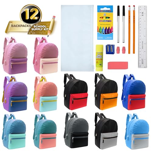 12 Pack 17" Bulk Backpacks with 16 Piece School Supply Kit, 12 Colors - color: 2 Tone, size: 16 Piece SS Kit