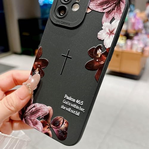 Bible Verse Phone Case for iPhone 12 Case, Cute Simple Cross with Flower Design, Soft TPU Shockproof Protective Cover for Girls Women-Black - color: Black-2, size: iPhone 12