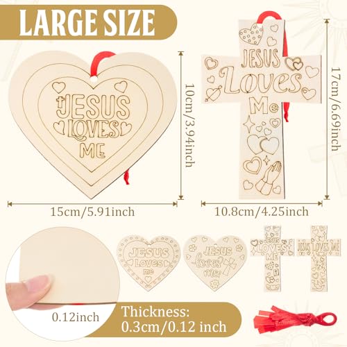 Blueweenly 24 Pcs Christian Vbs Crafts Kits for Classroom DIY Unfinished Wood Jesus Loves Me Art and Craft Cross and Heart Shaped Religious Hanging Ornament for Sunday School Classroom Home Activities