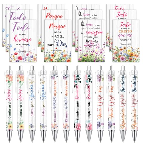 Wxiben Spanish Bible Verse Gifts for Women 24 Pcs Inspirational Scripture Pens Notebook Christian Floral Ballpoint Pens Journals Religious Faith Gifts for Prayer Sunday School Church Christmas - style: Spanish Bible Verse