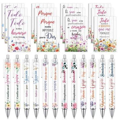 Wxiben Spanish Bible Verse Gifts for Women 24 Pcs Inspirational Scripture Pens Notebook Christian Floral Ballpoint Pens Journals Religious Faith Gifts for Prayer Sunday School Church Christmas - style: Spanish Bible Verse