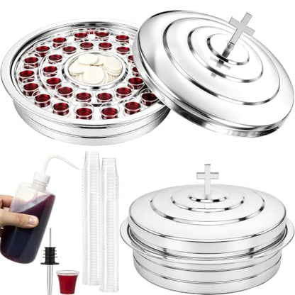 Holy Communion Tray with Lid, 2-in-1 Communion Cup Tray w/Central Removable Bread Wafer Holder, 32 Cup Stainless Steel Communion Set for Church Includes 100 Disposable Cups & Filling Bottle