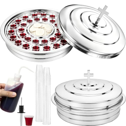 Holy Communion Tray with Lid, 2-in-1 Communion Cup Tray w/Central Removable Bread Wafer Holder, 32 Cup Stainless Steel Communion Set for Church Includes 100 Disposable Cups & Filling Bottle