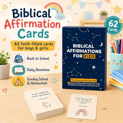 Prayer Cards for Kids, 62 Bible Verse and Biblical Affirmation Cards, Back to School, Lunchbox Notes for Kids, Christian Scripture Cards for Daily Devotion, Bible Study, Sunday School, VBS and Homeschool
