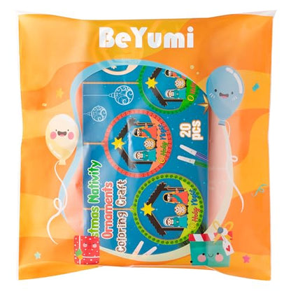 BeYumi Christmas Wooden Ornament Craft - 20Pcs Nativity DIY Wooden Ornaments Craft Kit for Kids Make Your Own Nativity Christian Religious Xmas Craft with Gem Sticker Church Party Decoration Supplies - style: Round