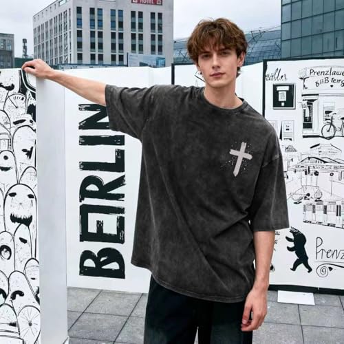 Christian Shirt for Men Jesus Loves You Shirt Oversized Acid Wash Tops - color: Darkgrey, size: Small