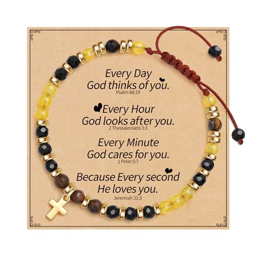 Cross Bracelets for Women Girls, Christian Gifts for Women Natural Stone Beaded Bracelets First Communion Confirmation Baptism Gifts Catholic Easter Christmas Inspirational Gift Jewelry - color: Onyx - Every Day