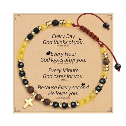 Cross Bracelets for Women Girls, Christian Gifts for Women Natural Stone Beaded Bracelets First Communion Confirmation Baptism Gifts Catholic Easter Christmas Inspirational Gift Jewelry - color: Onyx - Every Day