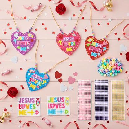 BeYumi Valentines Necklace Craft Kit - 24Pcs Valentine's Day Christian Heart Felt Jesus Loves Me Necklace Making Kits With Gem Stickers DIY Religious Craft for Kids Sunday School Classroom Party Favor - style: Jesus Loves Me