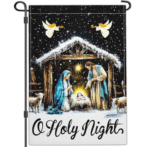 Christmas Oh Holy Night Jesus Nativity Scene Garden Flag Christian Jesus Yard Signs Garden Flags for Outside 12x18 Double Sided Christmas Vacation Outdoor Decorations