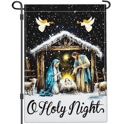 Christmas Oh Holy Night Jesus Nativity Scene Garden Flag Christian Jesus Yard Signs Garden Flags for Outside 12x18 Double Sided Christmas Vacation Outdoor Decorations