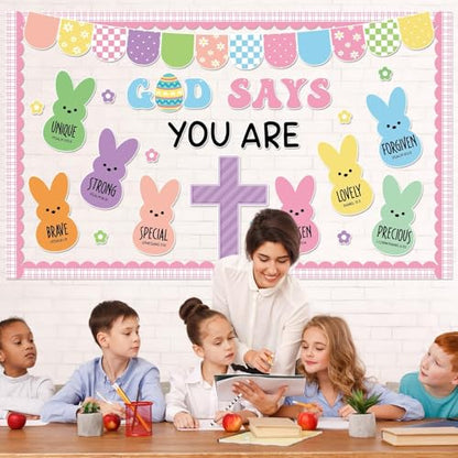 Easter Christian Bulletin Board Decorations God Says You are Religious Classroom Paper Cutouts Inspirational Cross Bunny Decor for Sunday School Church Classroom Chalkboard Wall Decor Teacher Supplies - style: God says you are