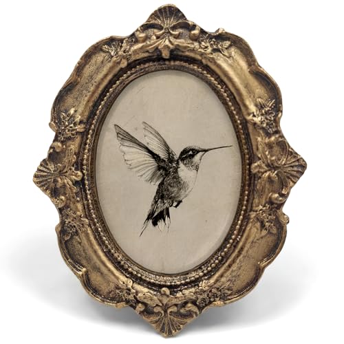 Vintage Hummingbird Small Bronze Oval Picture Frame, Bird Spring Mini Ornate Photo Frame Baroque for Wall Art Decor TableTop Desk, Rustic Framed Artwork Gifts for Office Bedroom 4x5in - color: hummingbird