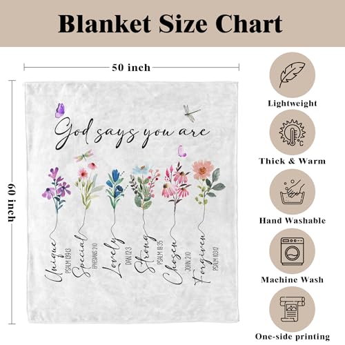 God Says I Am Christian Blanket, Christian Gifts for Women Faith, Bible Verse Floral Blanket for Bedroom Living Room Couch Sofa, 50x60 Inches - color: White, Purple