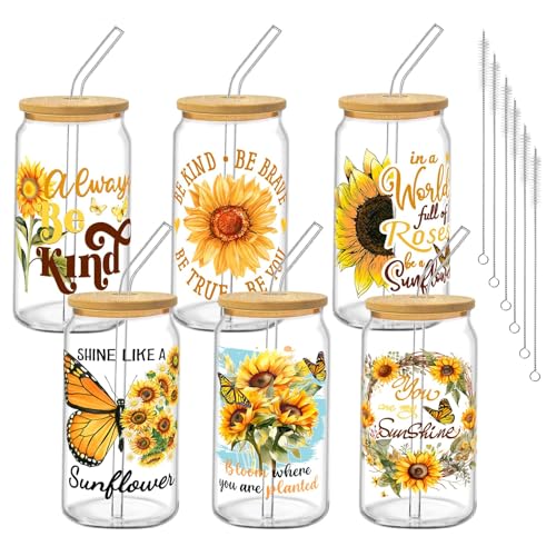 Glass Cups with Lids and Straws, 6Pack, 16oz, Sunflower Christian - style: Sunflower