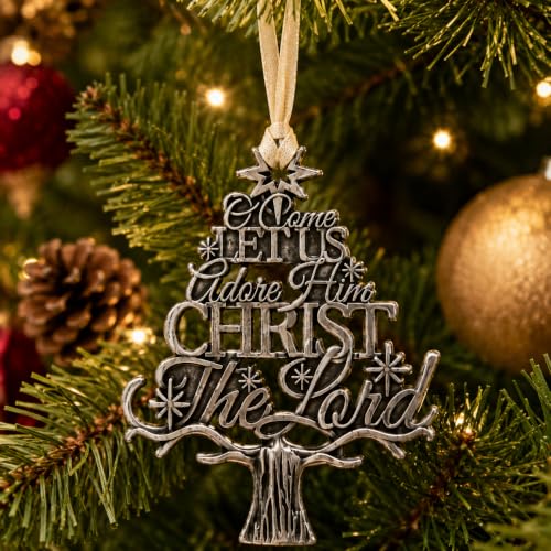 O Come Let Us Adore Him Christmas Ornament, Antique Silver Tone Christian Tree Ornament, Christ the Lord Religious Holiday Decoration, 3 Inch