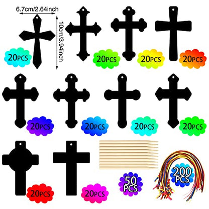 Chivao 80 Pcs Scratch Art Cross Ornaments Rainbow DIY Kit for Kids