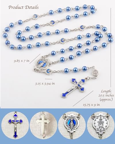 Catholic Rosary Necklace, Solid Glass Beads, Prayer Guide Included, Faith Gift for Women - color: blue