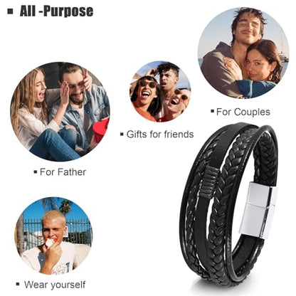 Leather Bracelet for Men Braided Stainless Steel Mens Bracelets - color: Black-SilverBuckle