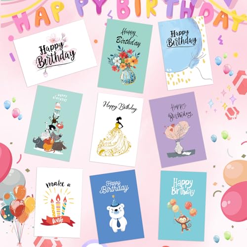 50 Pack Assorted Birthday Cards with Envelopes & Stickers, Blank Happy Birthday Cards Bulk Box Set, 4 x 6 Inches, 50 Unique Designs for Women, Kids, Family, Friends, Work, Office