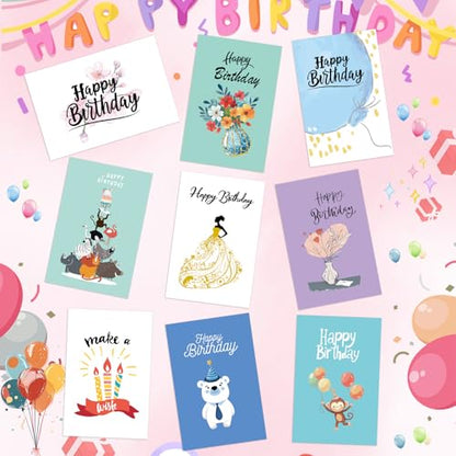 50 Pack Assorted Birthday Cards with Envelopes & Stickers, Blank Happy Birthday Cards Bulk Box Set, 4 x 6 Inches, 50 Unique Designs for Women, Kids, Family, Friends, Work, Office