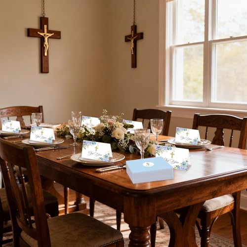 24 Pack Christian Thank You Cards, Watercolor Blue Floral Cross Baptism Thank You Cards with Envelopes & Stickers, VBS Thank You Cards First Communion & Religious Occasions - style: 24 Pcs - Blue Christian