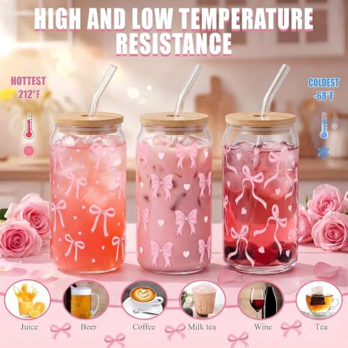 Drinking Cups with Lids, 12Pack, Glass, 16oz, Iced Coffee Coquette - style: 12Pcs Pink Bow