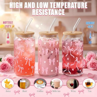 Drinking Cups with Lids, 12Pack, Glass, 16oz, Iced Coffee Coquette - style: 12Pcs Pink Bow