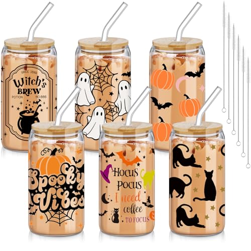 SiliFine 6 Pcs Halloween Glass Cups, 16 oz with Lids and Straws - style: Witch