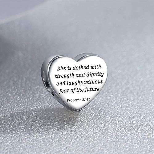 Heart Charm Fit Pandora Charms Bracelet Christian Bible Verse Charm Prayer Faith Religious Charms Gifts for Women - style: She is dothed with strength and dignity and laughs without fear of the future Proverbs 31:25