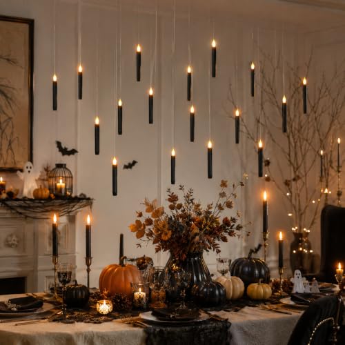 Lezonic 12Pcs Floating Candles with Wand and Remote, Magic Black Flameless Candles Battery Operated, Flikering Hanging LED Taper Candlesticks Halloween Decorations, 0.8" x 6" - color: 12pcs(Wand & Remote)
