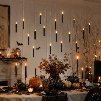 Lezonic 12Pcs Floating Candles with Wand and Remote, Magic Black Flameless Candles Battery Operated, Flikering Hanging LED Taper Candlesticks Halloween Decorations, 0.8" x 6" - color: 12pcs(Wand & Remote)