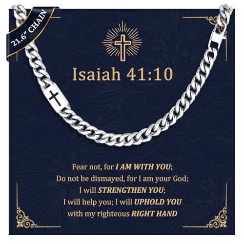 Stainless Steel Cuban Chain Cross Necklace for Mens Curb Link Waterproof - style: Isaiah 41:10