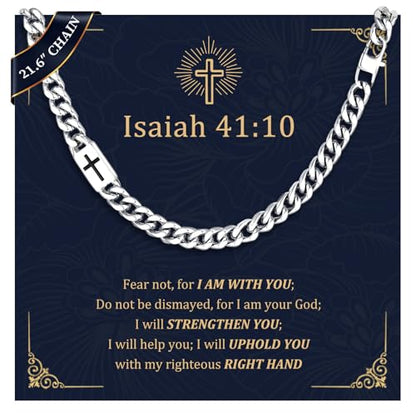 Stainless Steel Cuban Chain Cross Necklace for Mens Curb Link Waterproof - style: Isaiah 41:10