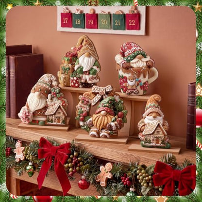 RattanView 5 Pcs Gingerbread Christmas Table Decorations Wooden Ginger Bread Gnome Decor Christmas Table Centerpiece Ginger Bread Village Decorations Xmas Gnome Tiered Tray Decor with Base for Home - style: Gingerbread Gnome