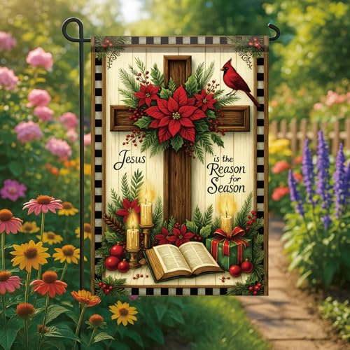 Christmas Garden Flag Jesus Is The Reason for the Season Cross Bible Poinsettia 12x18 Inch Double Sided Outdoor Yard Banner for Religious Christian Nativity Winter Holiday Decoration - color: Cross Bible Poinsettia