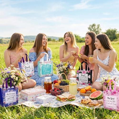Mowouhn 32 Pcs Flower Christian Gifts Bags with Handles Religious Gifts Bag Bulk for Women, Non-Woven Reusable Bible Verse Scripture Tote Baptism Church Holiday Inspirational Christian Party Favor