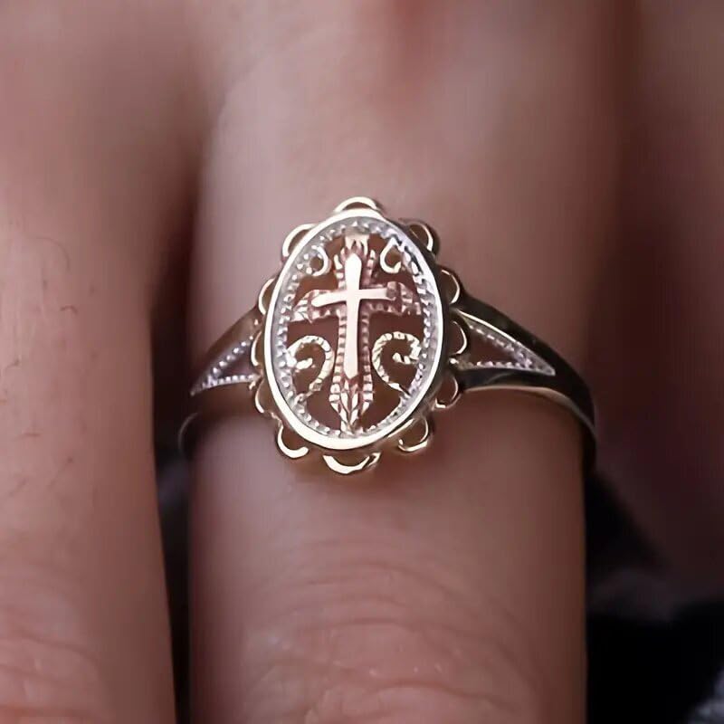 Two-Tone 925 Sterling Silver Plated Cross Statement Rings for Women Men,Victorian Religious Style Signet Oval Shape Cross Ring for Women's Jewelry Gifts Size 8# - size: 8#